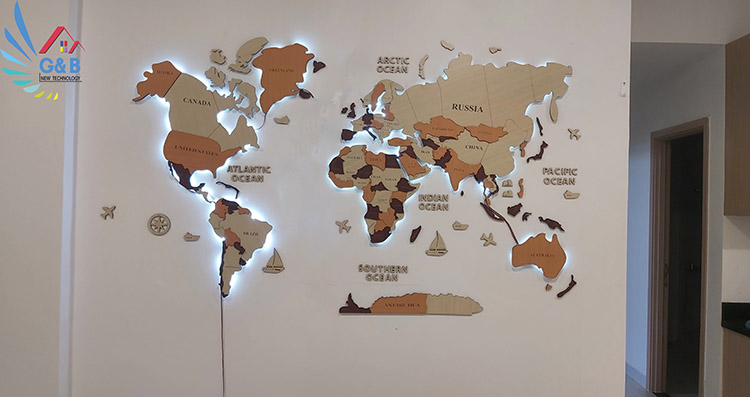 Mẫu bản đồ thế giới 3D đèn LED đẹp
